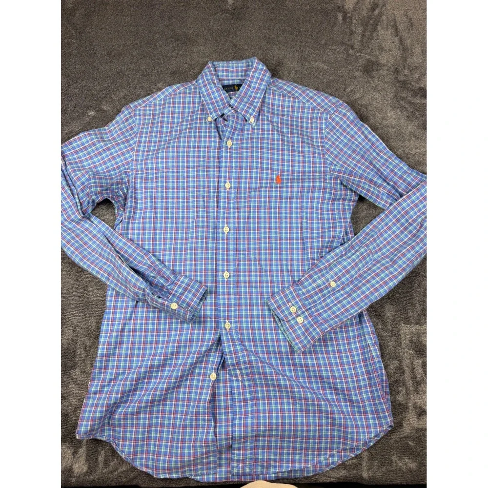 Polo Ralph Lauren Mens Small Blue Red Plaid Button Down Shirt Long Sleeve Pony